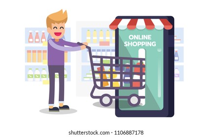 consumer with cart into mobile phone. Online shopping, e-commerce concept. Flat vector illustration.
