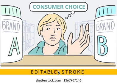 Consumer Choice Or Customer Choice Concept Situation. Woman Choosing Between Two Similar Brands Of Goods On Supermarket Shelf Inside Supermarket Interior. Easy Editable Stroke Line Vector. Hand Drawn.