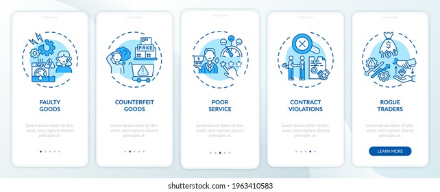 Consumer claims onboarding mobile app page screen with concepts. Faulty, counterfeit goods walkthrough 5 steps graphic instructions. UI, UX, GUI vector template with linear color illustrations