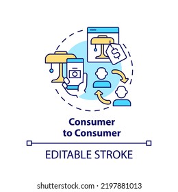 Consumer to consumer concept icon. Sales via internet marketplace. Business model abstract idea thin line illustration. Isolated outline drawing. Editable stroke. Arial, Myriad Pro-Bold fonts used