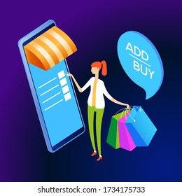 Consumer concept. A person buys an online store using a smartphone. Landing page template. 3d vector isometric illustration.