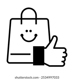 Icono de confianza del consumidor: bolsa de compras sonriente con los pulgares hacia arriba, que indica un sentimiento positivo del consumidor