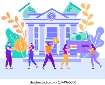 Consumer Credit, Business Investments, Banking Services and Deposit Income Flat Vector Concept with People Taking Money for Different Purposes, Banker Giving Finances for Business Develop Illustration