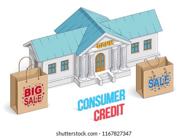 Consumer credit concept, bank building with shopping bags isolated on white background, banking theme. Isometric vector business and finance illustration, 3d thin line design.