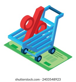 Vector isométrico del icono de crédito al consumo. Carro de compras con el porcentaje de firmas en dólares. Finanzas, dinero, concepto de crédito