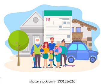 Consumer credit for a large family, the concept of buying real estate and cars on credit, Bank assistance to a large family. Vector illustration.