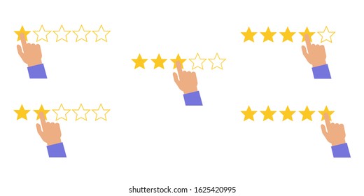 Consumer or customer product rating for apps and websites. Business hand give five star rating. Hand with pointing finger pointing to rating stars. Vector illustration.