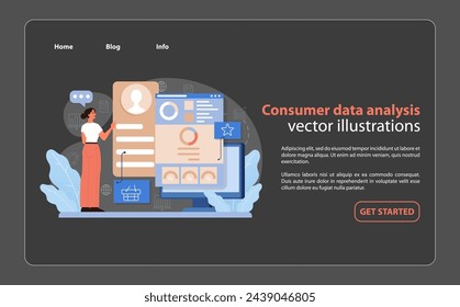 Consumer Data Analysis. A professional analyzing consumer profiles and metrics on a digital dashboard. Insightful marketing research. Flat vector illustration.