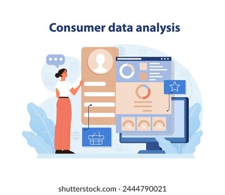 Consumer Data Analysis. A professional analyzing consumer profiles and metrics on a digital dashboard. Insightful marketing research. Flat vector illustration.
