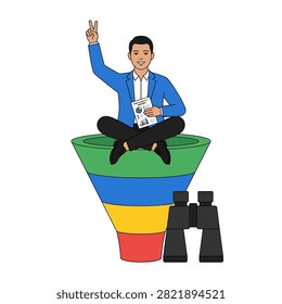 Consumer data analytics and martech marketing insights concept. Sitting comfortably cross legged directly on top of the wide upper rim of the funnel is the  businessman. Flat vector modern illustration
