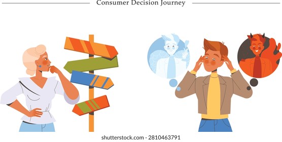 Consumer decision journey concept with flat characters choosing direction. Illustration of woman thinking near crossroads signpost and man dealing with moral dilemma between angel and devil thoughts