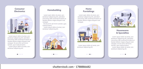 Consumer durables production mobile application banner set. Houseware electronics, furniture and homebuilding material production. House hold industrial sector. Isolated flat vector illustration