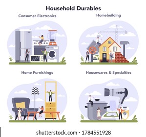 Consumer durables production set. Houseware electronics, furniture and homebuilding material production. House hold industrial sector. Isolated flat vector illustration