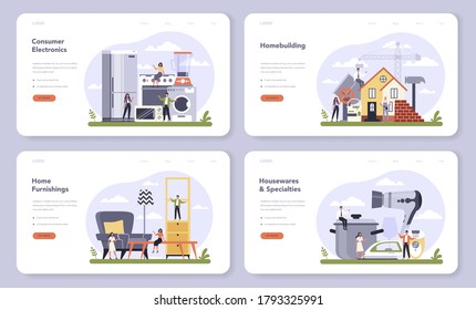 Consumer durables production web banner or landing page set. Houseware electronics, furniture and homebuilding material production. House hold industrial sector. Isolated flat vector illustration