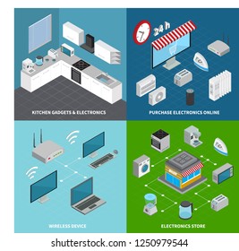 Consumer electronics 2x2 design concept set of kitchen gadgets wireless devices and online purchase square compositions isometric vector illustration