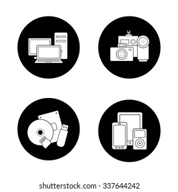 Consumer electronics black icons set. Web store categories, modern digital accessories, data storage devices, portable multimedia gadgets. White silhouettes illustrations. Logo concepts. Vector