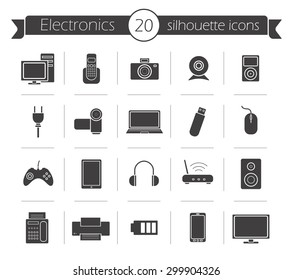 Consumer Electronics Black Silhouette Icons Set. Digital Devices Shop Vector Pictograms Isolated On White