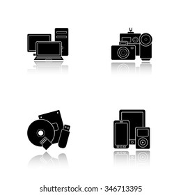 Consumer electronics drop shadow icons set. Modern digital devices. Data storage and multimedia accessories. ?ast shadow logo concepts. Web store categories. Vector black silhouette illustrations