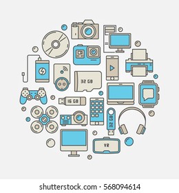 Consumer electronics and gadgets illustration. Vector circular colorful sign made with device icons