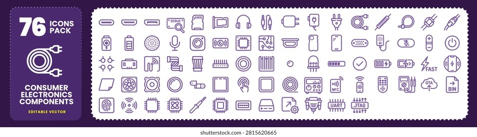 Consumer electronics and hardware components vector icon set, clean uncluttered signature style UI elements for technology gadgets