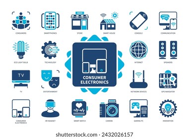 In: Consumer Electronics Icon Set. Smartphones, GPS-Navigator, Technologie, Kamera, Innovation, Smart Watch, Unterhaltung, Smart House. Zweifarbige Volltonsymbole