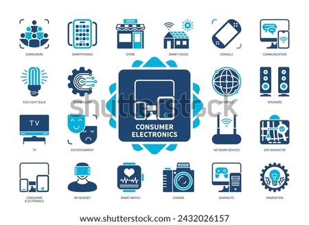 Consumer Electronics icon set. Smartphones, GPS Navigator, Technology, Camera, Innovation, Smart Watch, Entertainment, Smart House. Duotone color solid icons