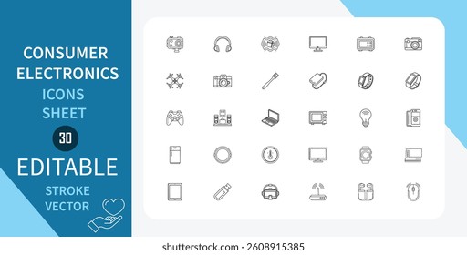 Consumer Electronics line icons set. Headphones, Game controllers, Laptops, Monitors and more. Outline vector icon in linear style. Editable stroke. Vector illustration.