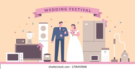 Consumer electronics purchase event poster for newlyweds. flat design style minimal vector illustration.