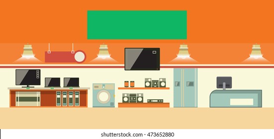 Consumer Electronics Shop Interior. Cartoon Vector Illustration