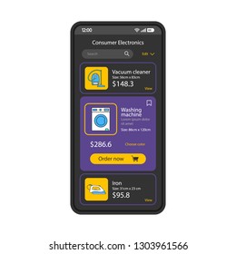 Consumer electronics smartphone interface vector template. Mobile app black design layout. Household appliances page screen. Shopping application flat UI. Home devices catalogue on phone display