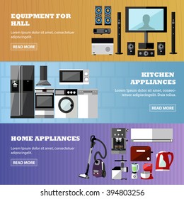 Consumer Electronics Store Banners Set. Vector Illustration. Design Elements In Flat Style. Home Related Devices, Oven, TV, Wash Machine, Refrigerator. 