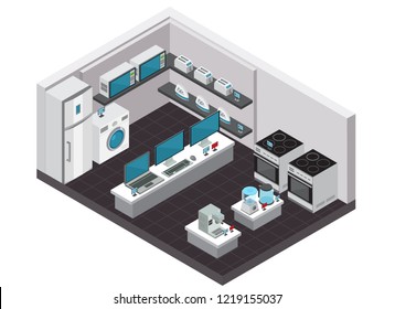 Consumer Electronics Store Interior Isometric Background With Small And Large Household Appliances Vector Illustration