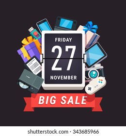 Consumer Electronics Store Sale Advert. Black Friday 27 November Banner. Flat Style Vector Illustration Isolated On Black Background.