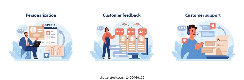 Consumer Engagement Illustration Set. Detailed depictions of personalization, feedback, and support in customer relations.