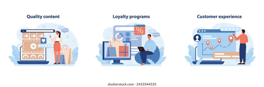 Consumer Engagement Strategies Set. Illustrations highlight the importance of quality content, loyalty programs, and enhancing customer experience.