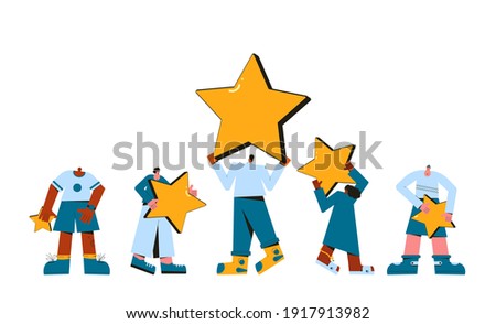 Consumer experience. Product review. Feedback. Happy clients. People holding stars in their hands isolated on white background. Service rating. Satisfaction level. Vector flat illustration.
