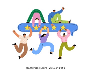 Consumer feedback. People give five stars feedback. Clients leaving positive review. Flat cartoon vector illustration.