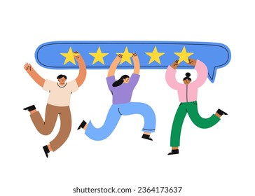Opinión de los consumidores. La gente da comentarios de cinco estrellas. Clientes que dejan una revisión positiva. Ilustración vectorial de dibujos animados planos.