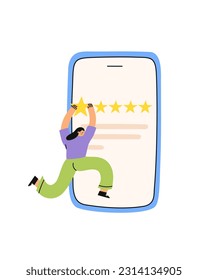 Consumer feedback. Woman give five stars feedback in the app. Client leaves a positive review. Flat cartoon vector illustration.