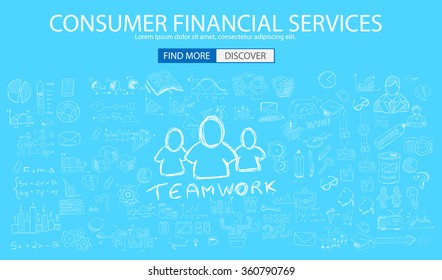 Consumer Financial Service Concept Wih Doodle Design Style :finding Solution, Brainstorming, Creative Thinking. Modern Style Illustration For Web Banners, Brochure And Flyers.