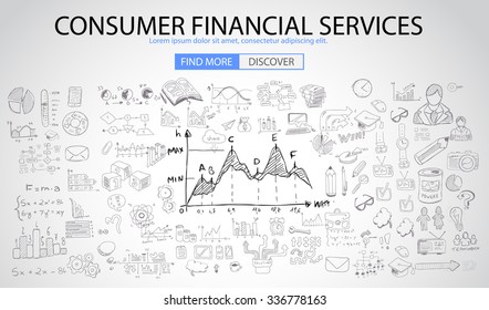 Consumer Financial Services Concept With Doodle Design Style :finding Solution, Money Spending, Money Investment. Modern Style Illustration For Web Banners, Brochure And Flyers.