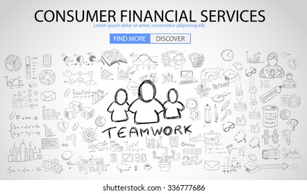 Consumer Financial Services  With Doodle Design Style: Online Solution, Social Media Campain, Creative Ideas,Modern Style Illustration For Web Banners, Brochure And Flyers.