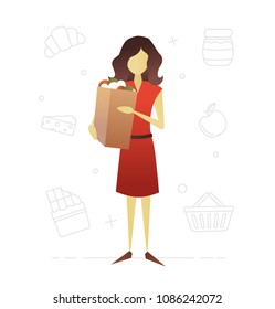 Consumer flat character design. Shopping. Housewife doing purchases. Woman holding paper bag with grocery products. Vector isolated illustration