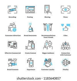 Consumer generated advertising icon collection set. Pictogram vector illustration about brand popularization by customer with posting, sharing, likes, loyalty and views.