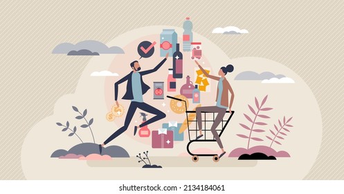 Consumer goods and products purchase in trade supermarket tiny person concept. Shopping expenses for buyer with full cart vector illustration. Offer diversity and choice in grocery store shelves.