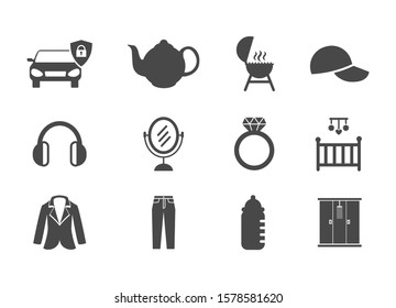 Consumer goods. Set of vector icons. Commodities. Car alarm, kettle, barbecue, baseball cap, headphones, mirror, ring, crib, jacket, pants, baby bottle, shower. 