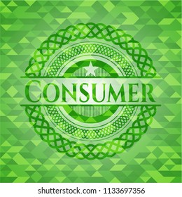Consumer green emblem. Mosaic background