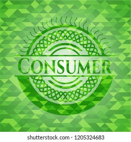 Consumer green emblem. Mosaic background