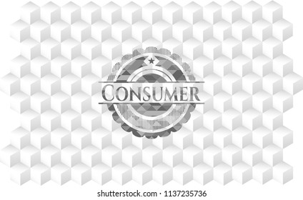Consumer grey emblem with geometric cube white background
