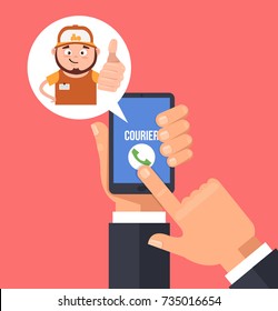 Consumer hand hold smartphone and call courier man character. Delivery in time concept. Vector flat cartoon illustration